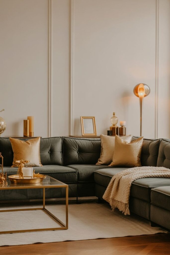 Grey couch accented with metallic decor for a modern luxury look