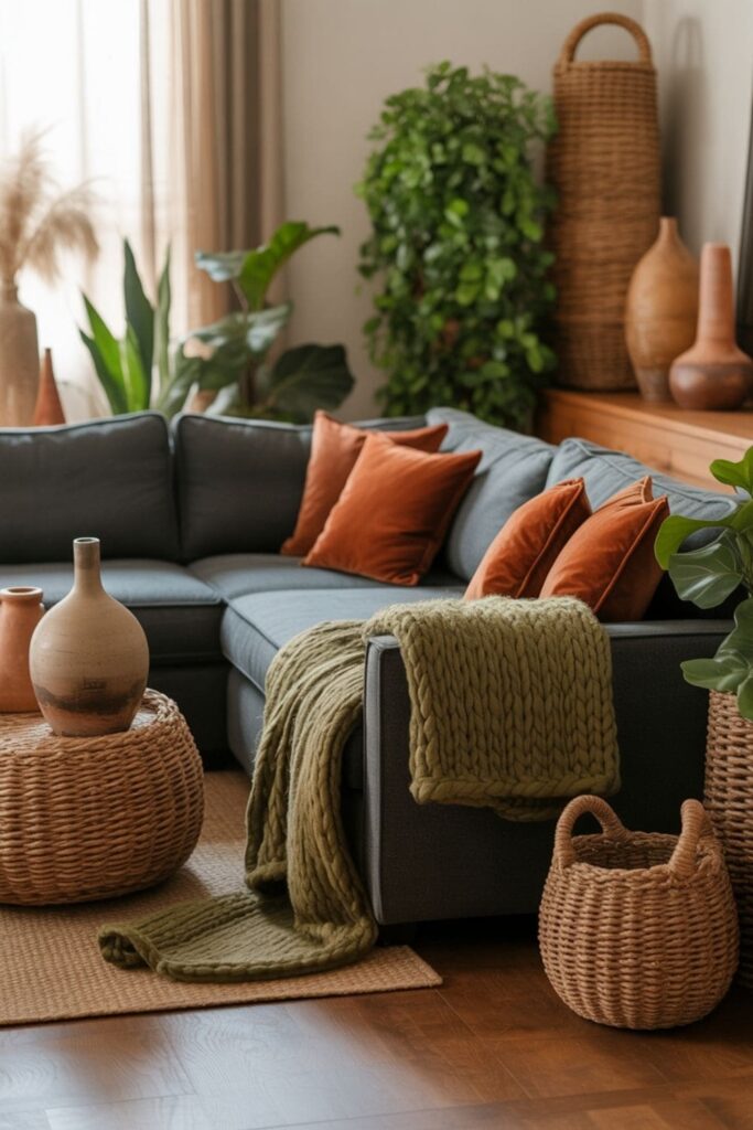 Grey couch combined with earthy tones, plants, and natural textures