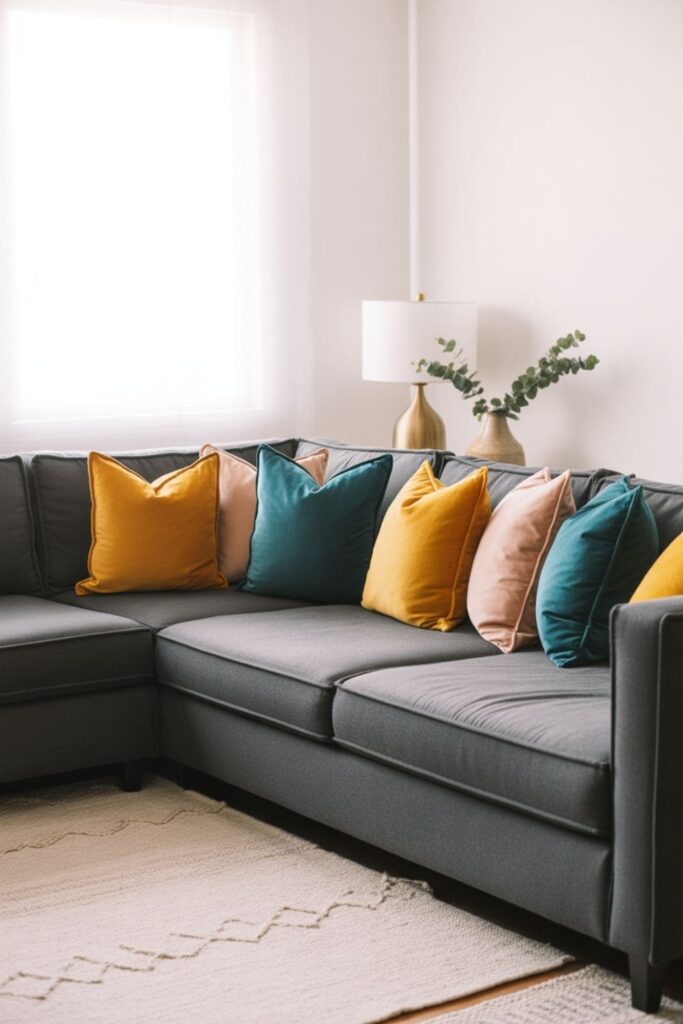 Grey couch decorated with colorful throw pillows in a bright living room