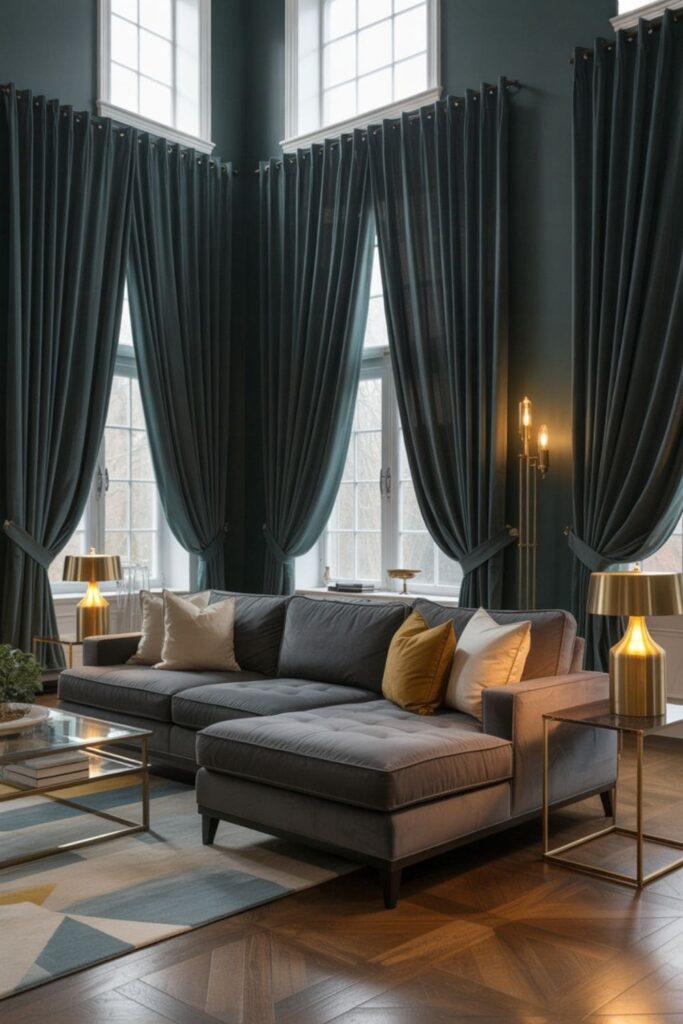 Grey couch framed by bold curtains in a polished living room