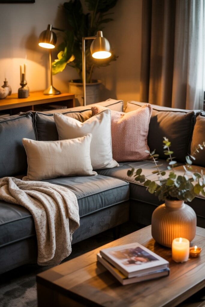 Grey couch illuminated by warm lighting for a cozy living room feel
