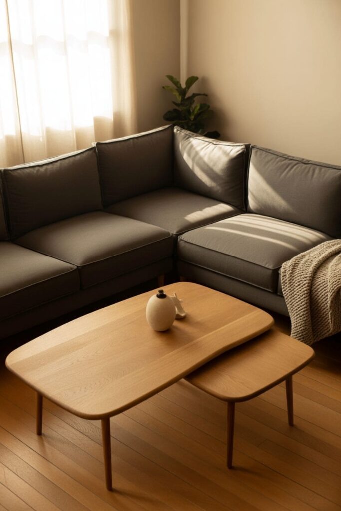 Grey couch paired with wooden coffee table and natural wood furniture
