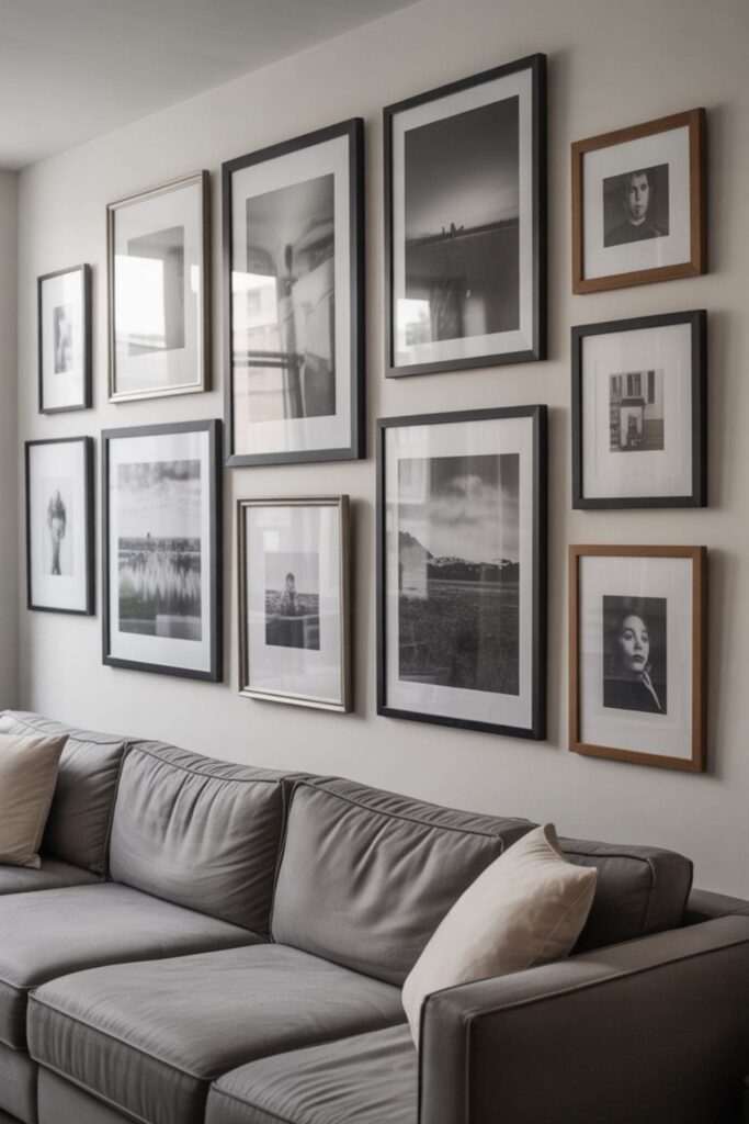 Grey couch placed below a stylish gallery wall arrangement