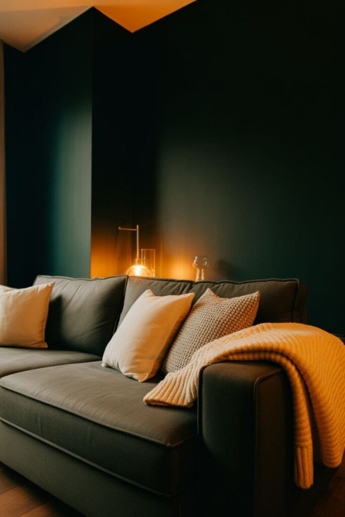 Grey couch set against dark moody walls with warm lighting
