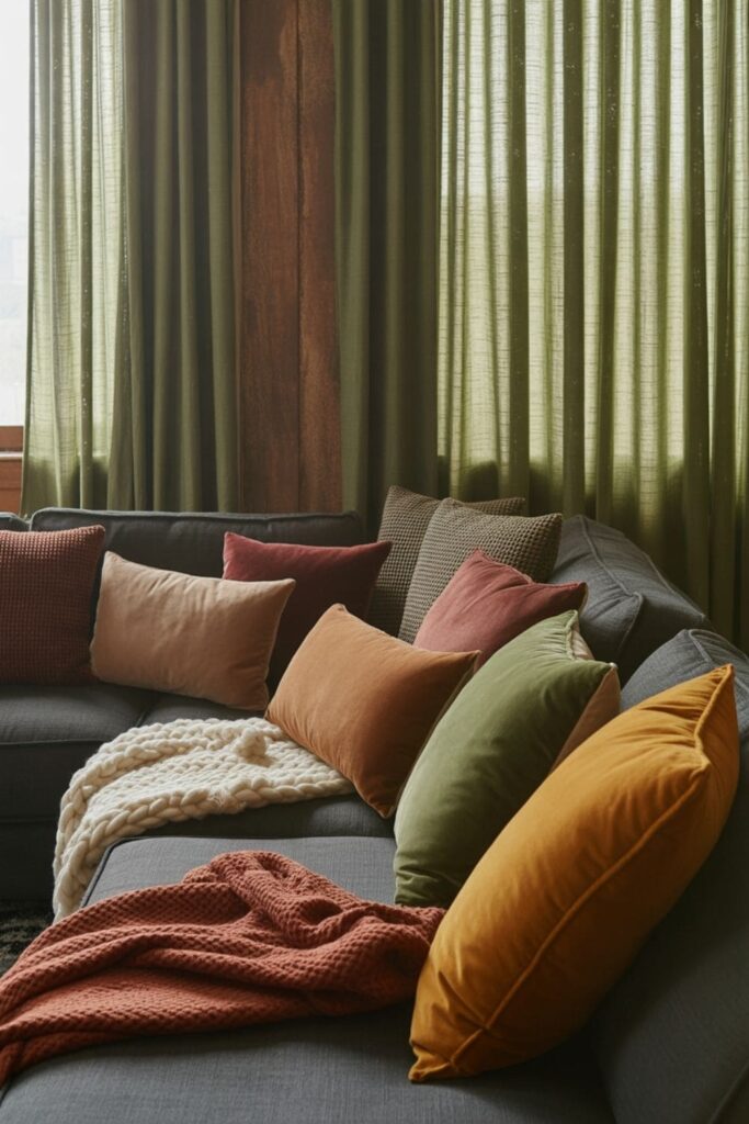 Grey couch styled with layered textures and mixed fabric decor