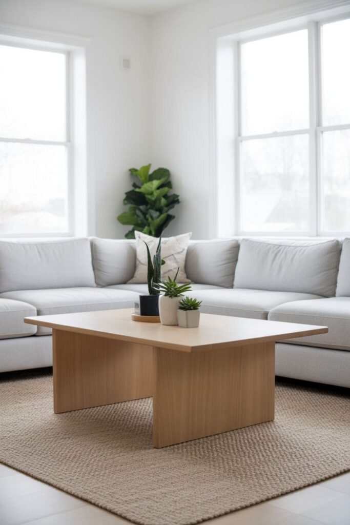 Grey couch styled with white walls, light wood furniture, and soft neutral decor