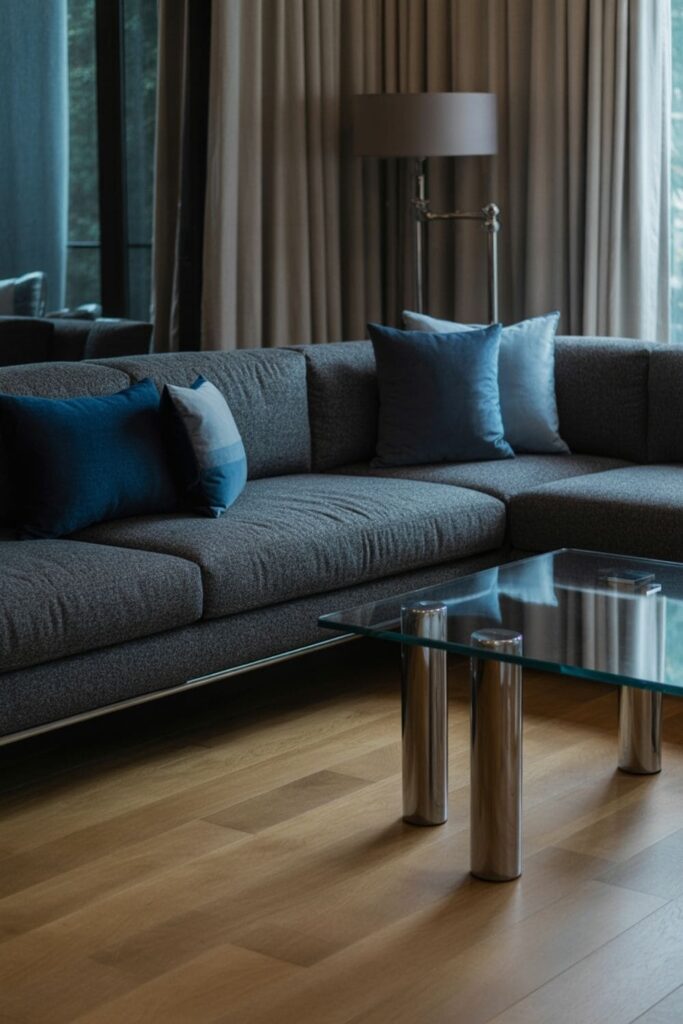 Grey couch with blue accent pillows and soft modern decor