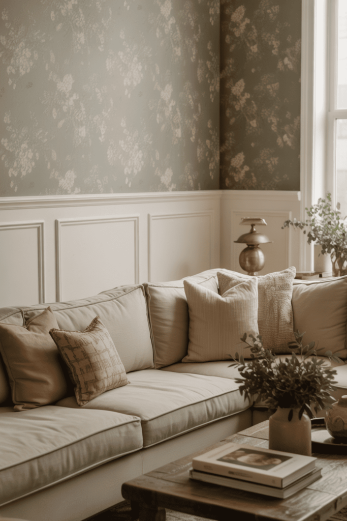 Half-wall paneling paired with wallpaper in a stylish living room