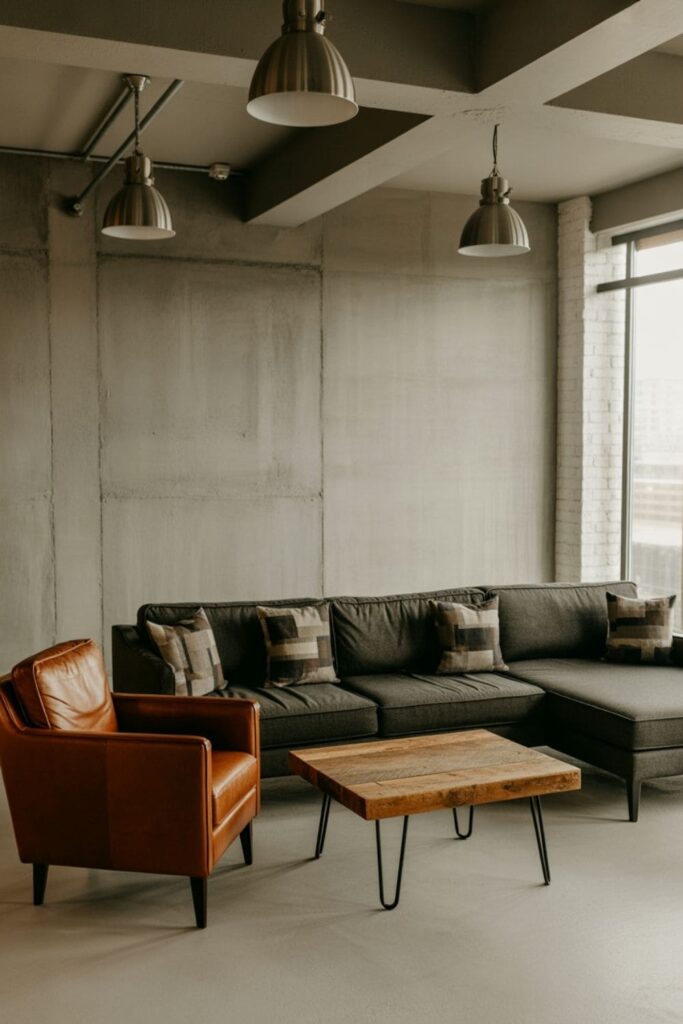 Industrial-style living room with a grey couch and raw material accents