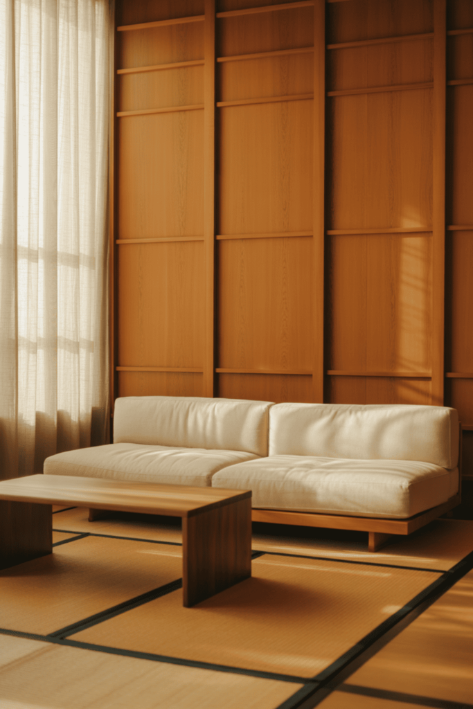 Japanese-inspired living room with minimal wood wall paneling
