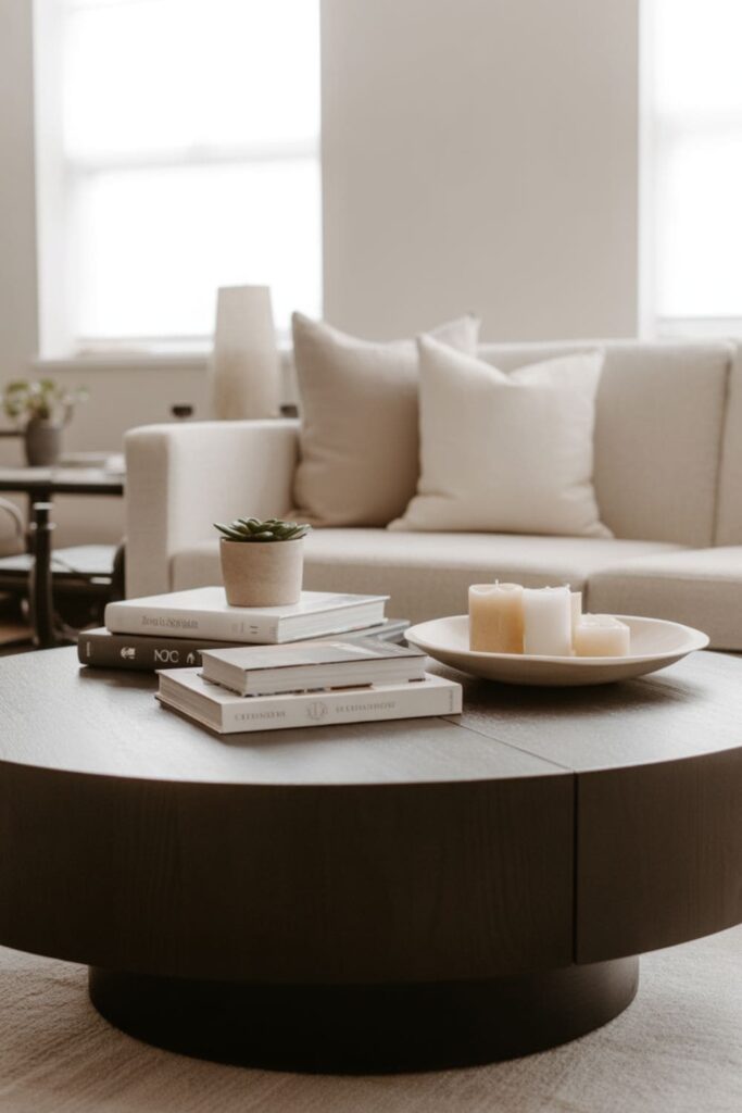 Large coffee table anchoring the seating area in a rental living room