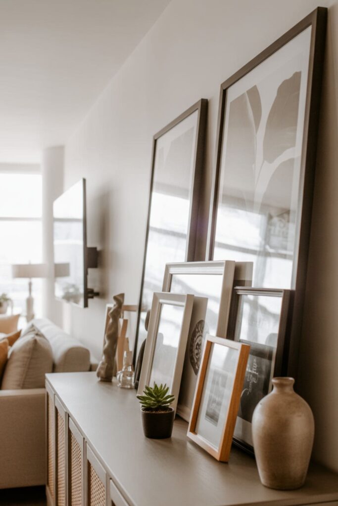 Large framed artwork leaning against the wall in a modern rental living room