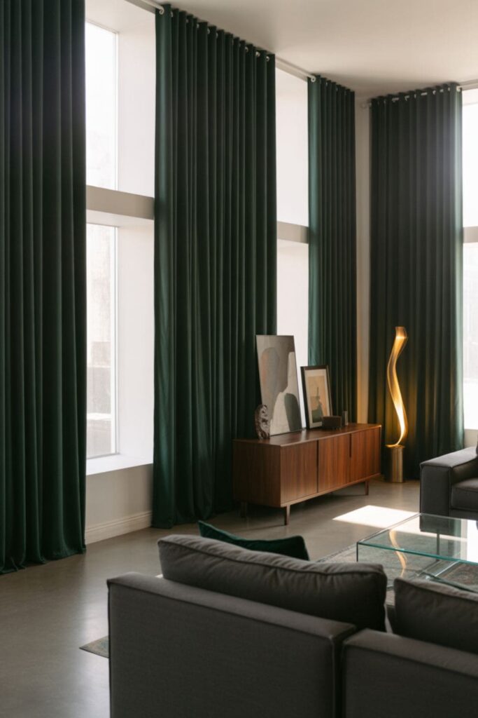 Large living room windows framed with bold statement curtains and clean decor