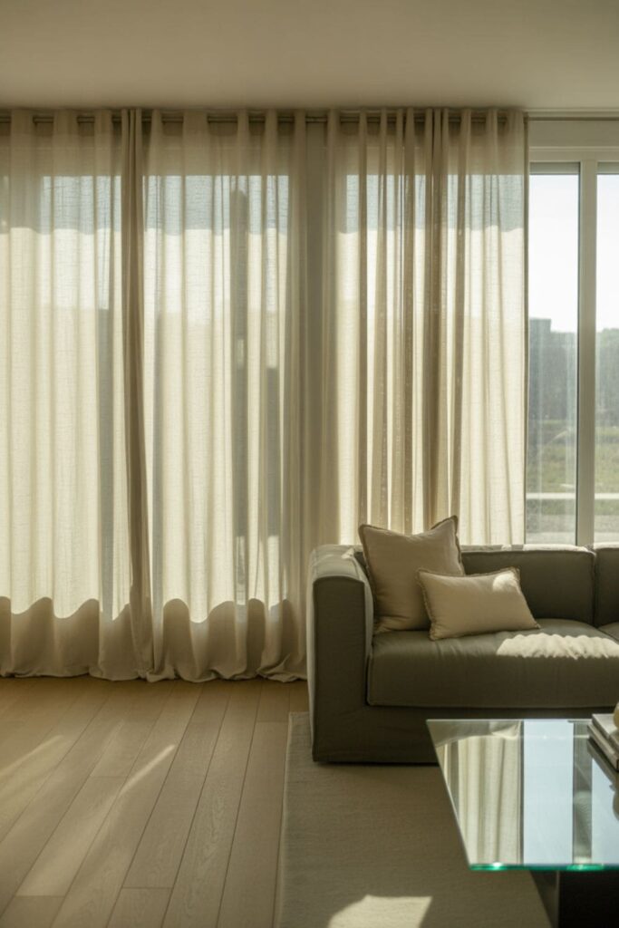 Large living room windows with minimal linen curtains and a modern airy design