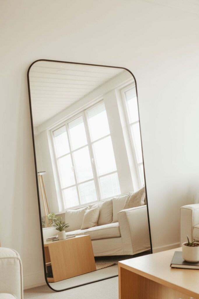 Large mirror covering an uneven wall in a small rental living room