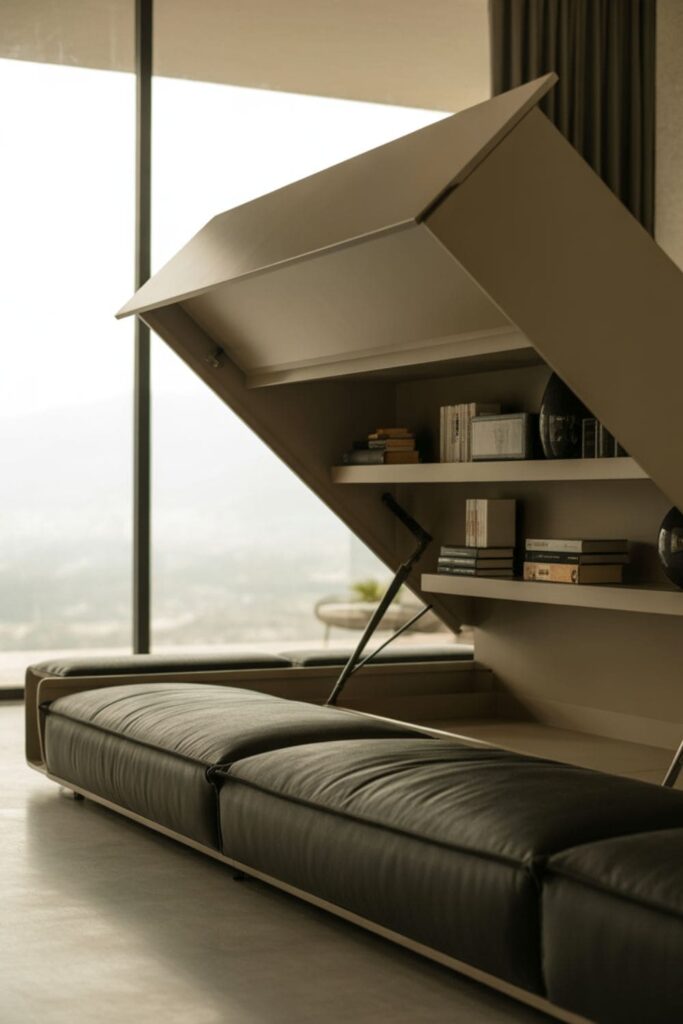 Lift-up TV panel revealing hidden storage shelves behind the screen