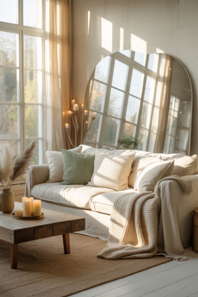 Light-focused living room without a TV emphasizing natural and ambient lighting