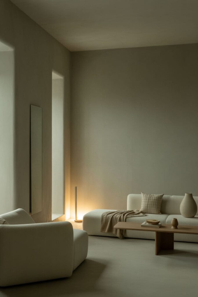 Light mushroom gray living room designed for soft, low natural light