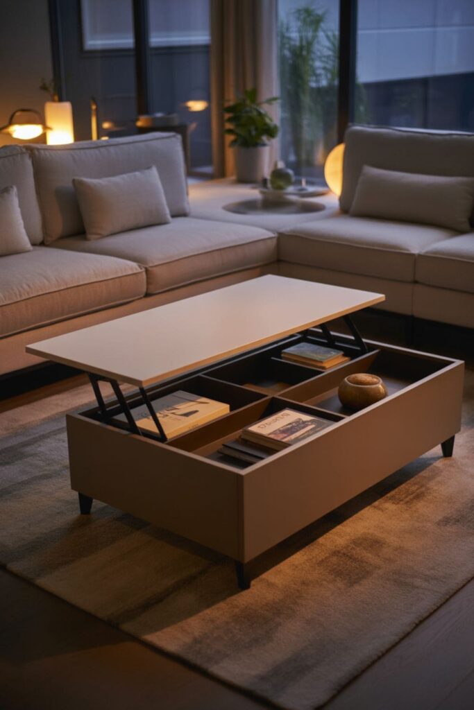 Living room coffee table with concealed storage under a lift-top surface