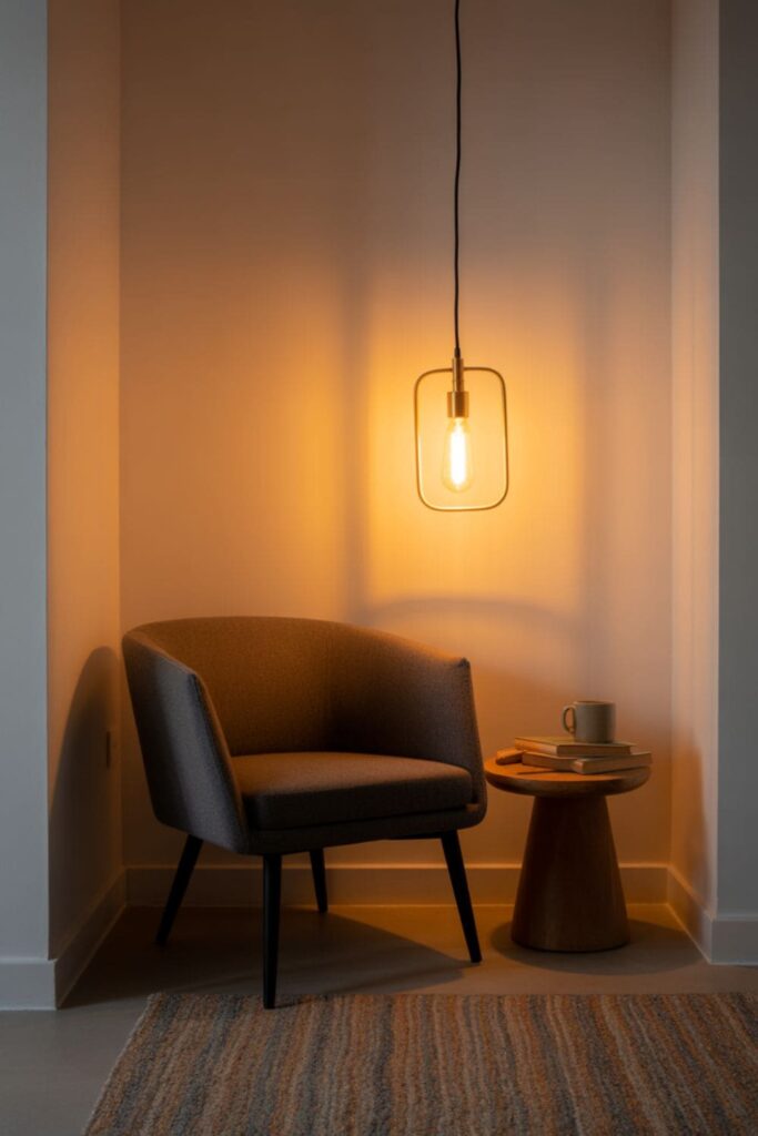 Living room corner lit by a pendant light above an accent chair and side table
