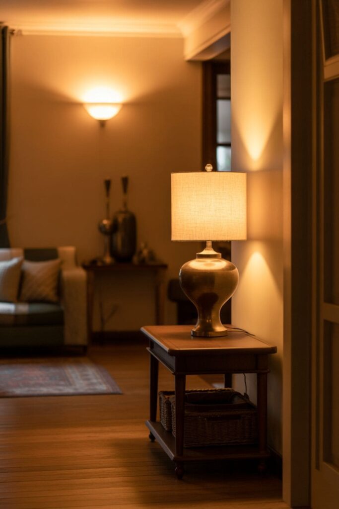 Living room entry area illuminated by soft lighting for a welcoming feel