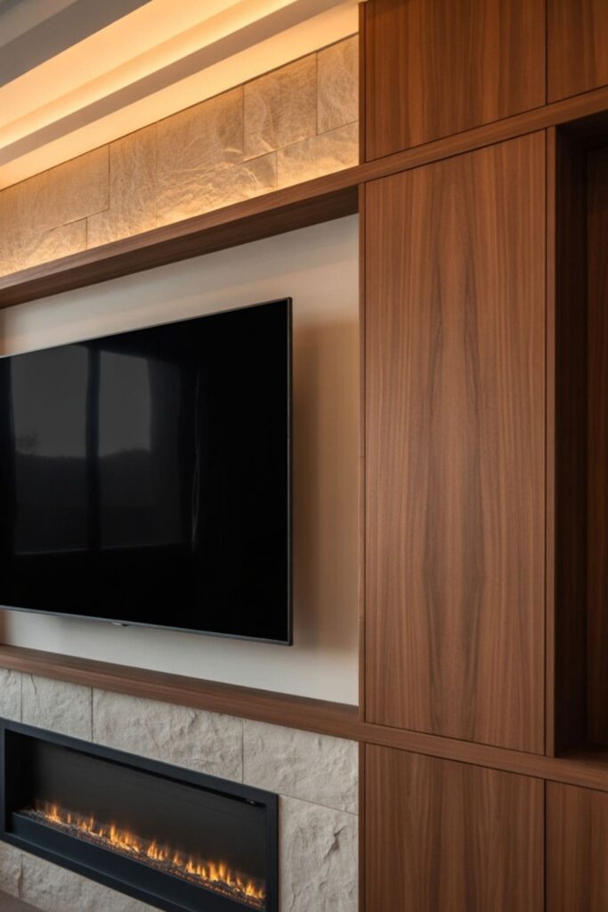 Living room featuring a fireplace and TV placed side by side on a wide wall with built-in storage