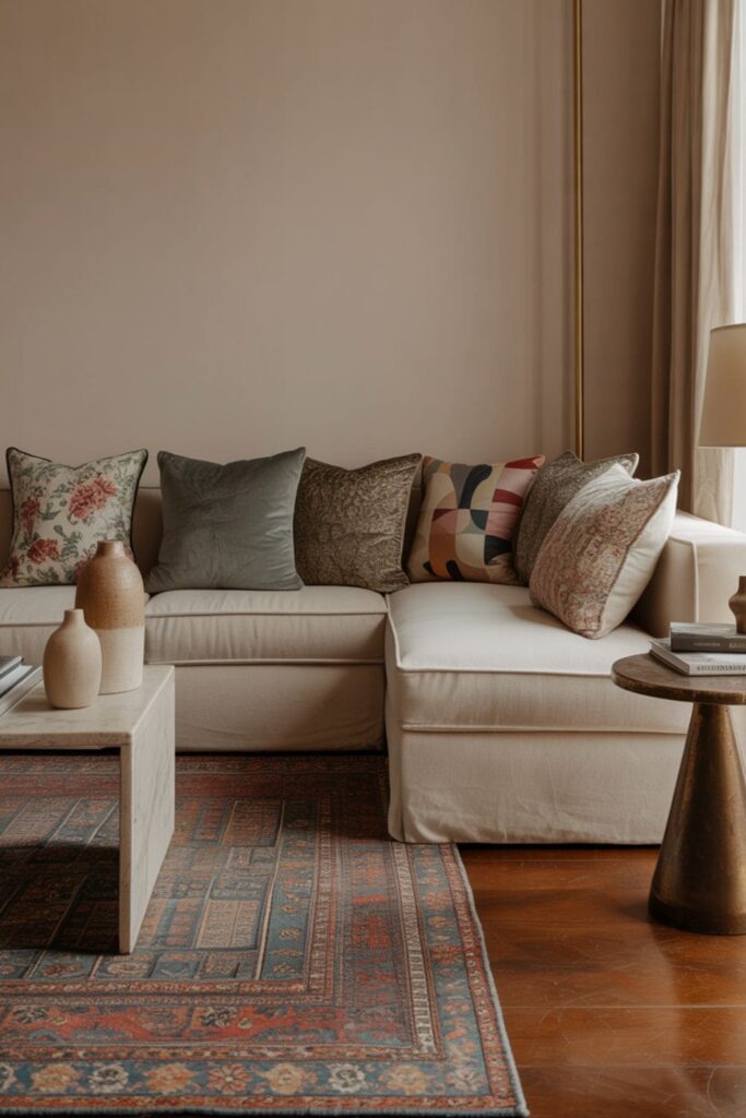 Living room featuring patterned rugs and cushions, geometric and floral designs, boutique hotel style