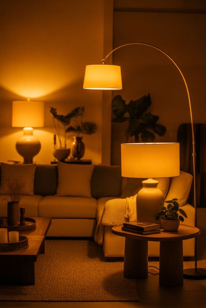 Living room lit with table and floor lamps instead of overhead lighting