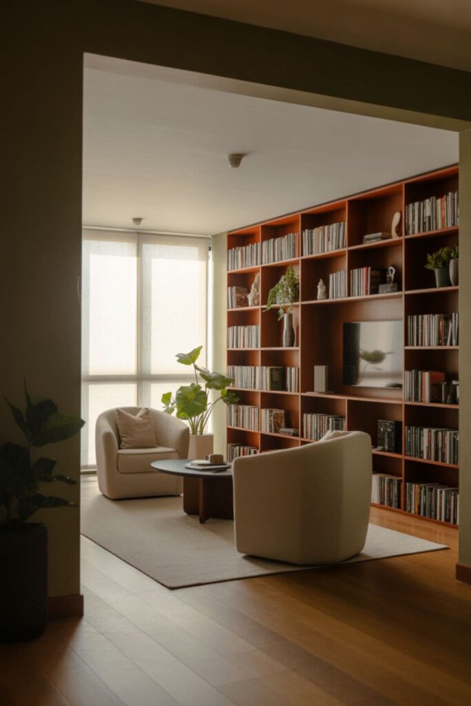 Living room seating oriented toward a window instead of a TV