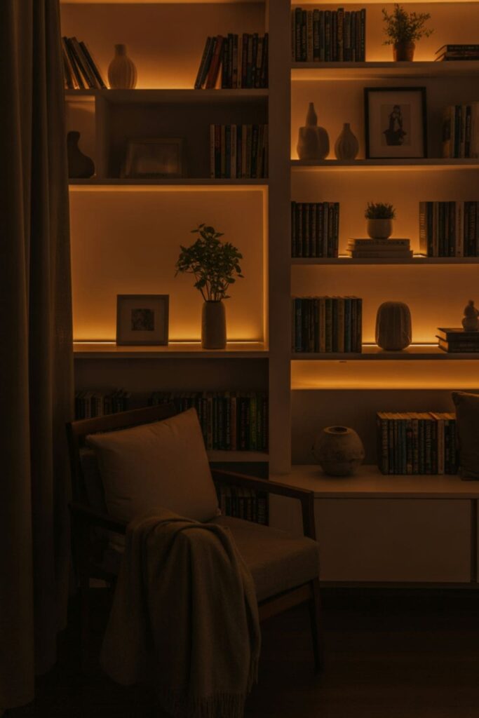 Living room shelving highlighted with soft accent lighting at night
