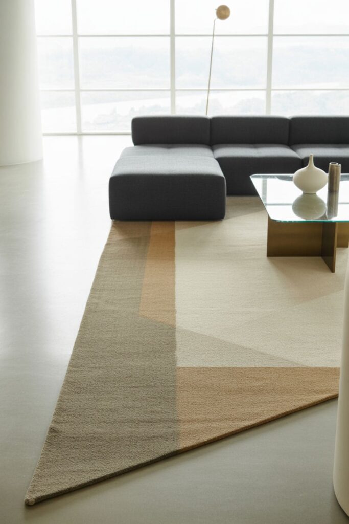 Living room showing a rotated area rug that changes the room’s layout