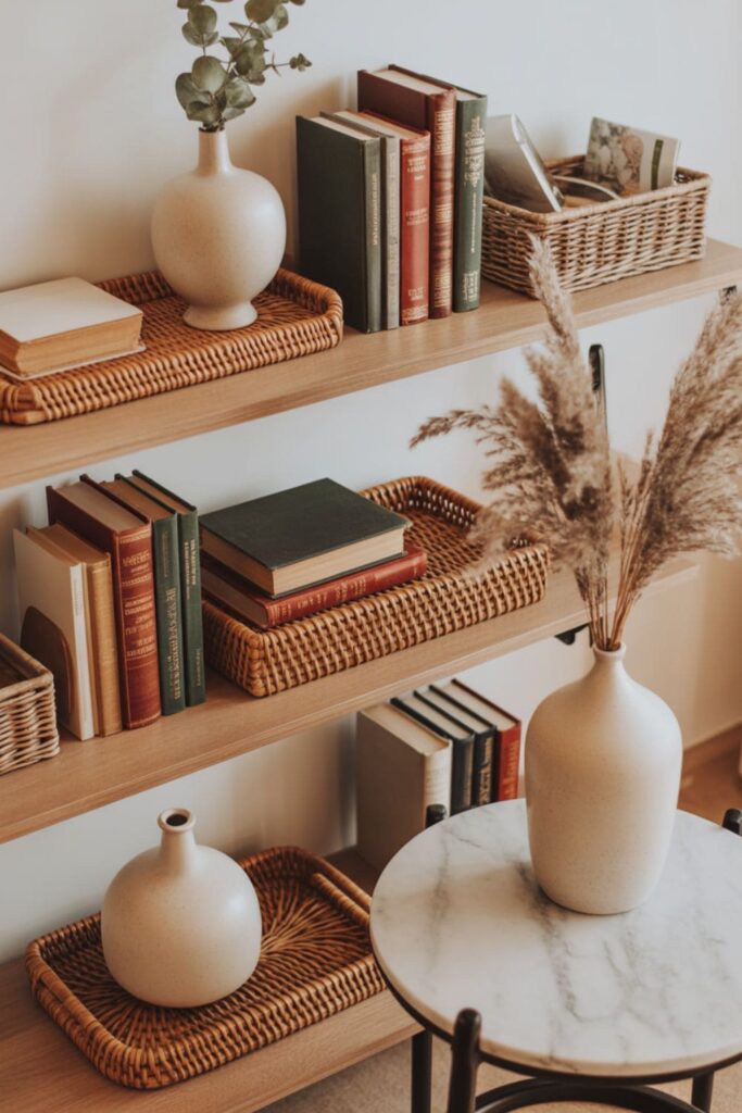 Living room styled using existing books, trays, and decor in new placements