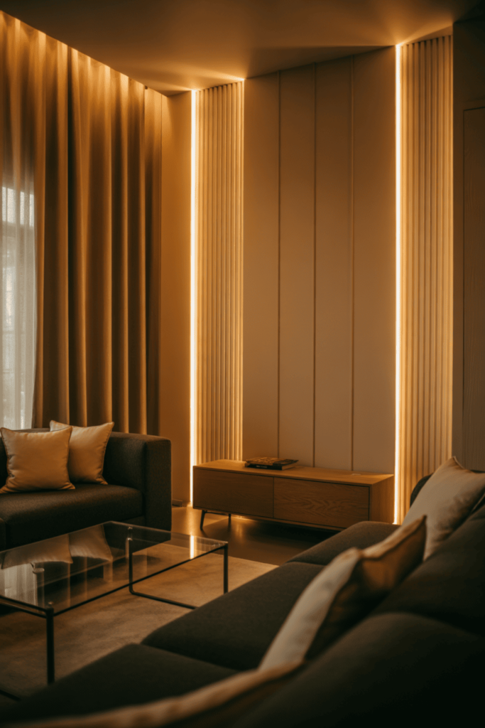 Living room wall paneling with soft LED backlighting for ambient lighting