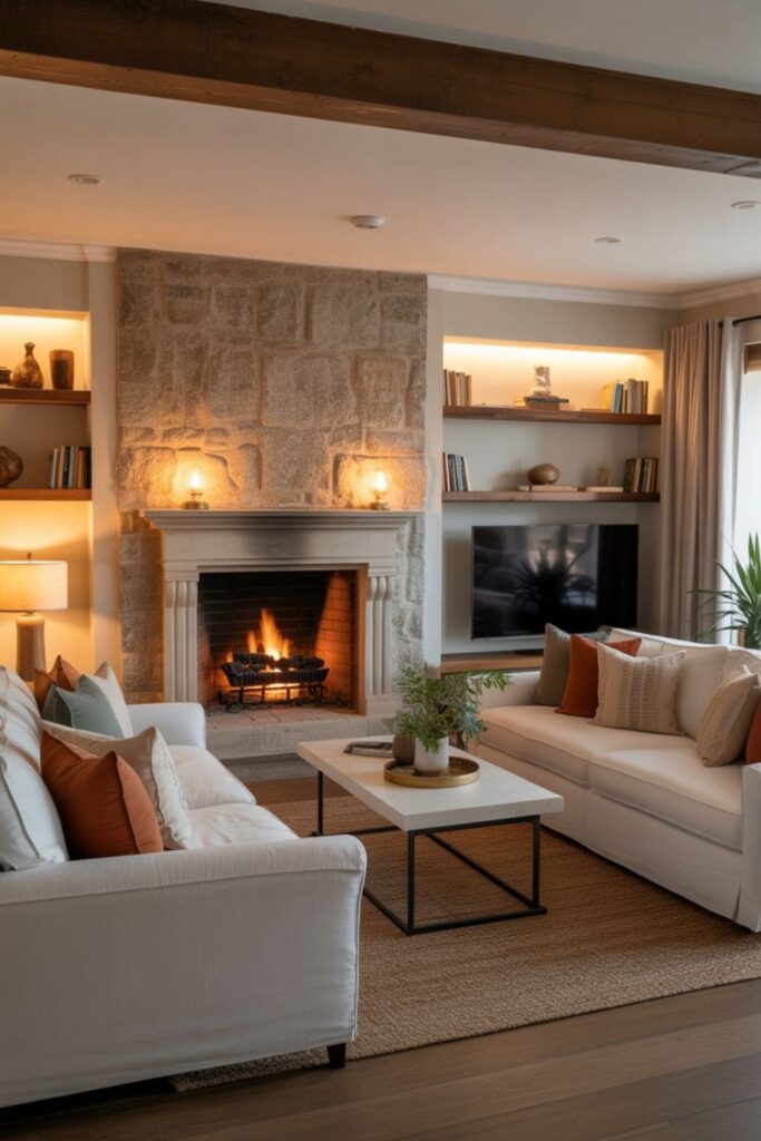 Living room where the fireplace is the main focal point and the TV blends subtly into the design