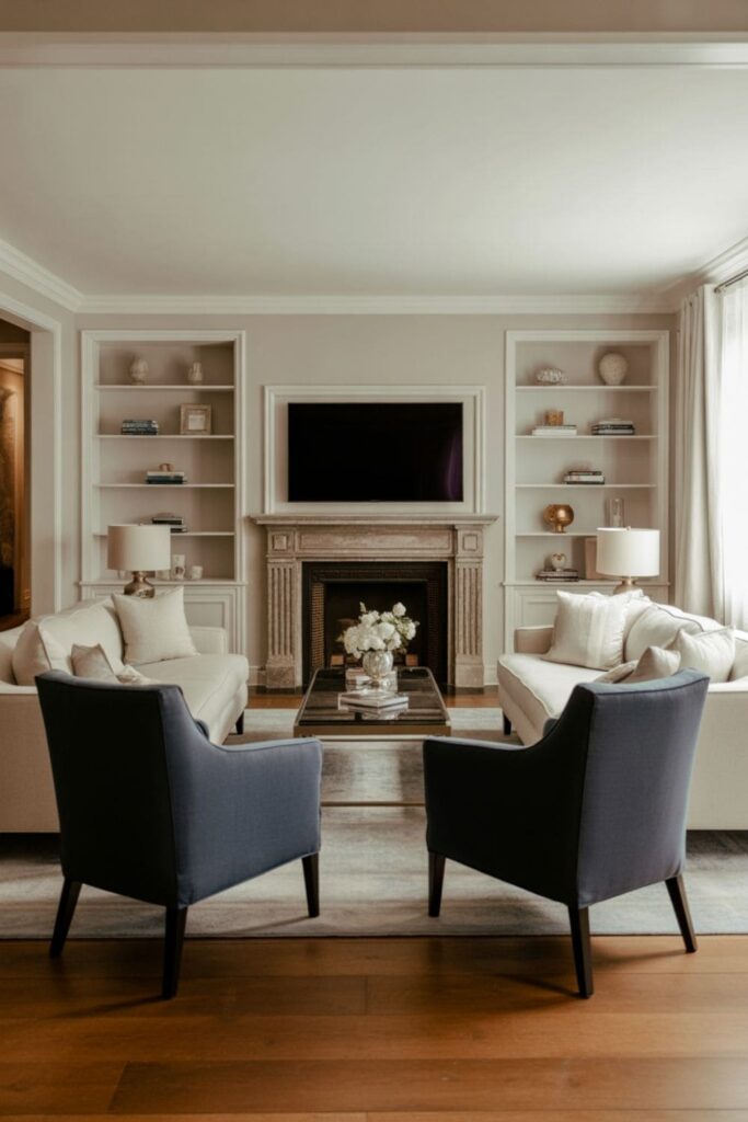 Living room with a fireplace and TV centered between symmetrical seating arrangements