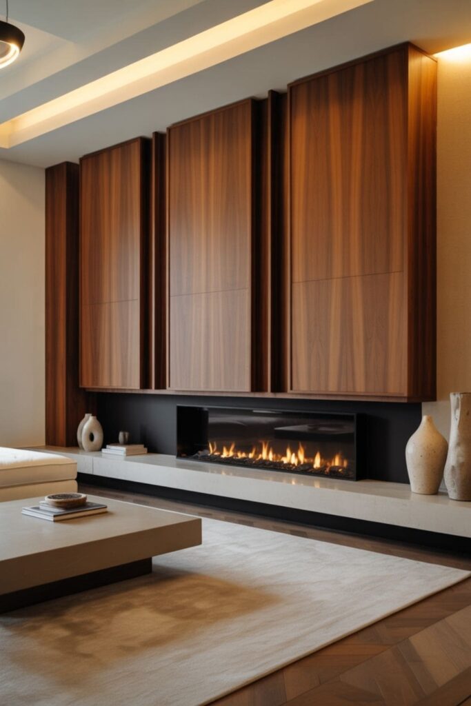 Living room with a fireplace and TV concealed behind stylish sliding panels