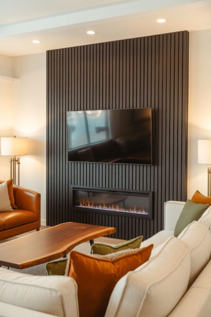 Living room with a fireplace and TV set against a bold accent wall for added depth