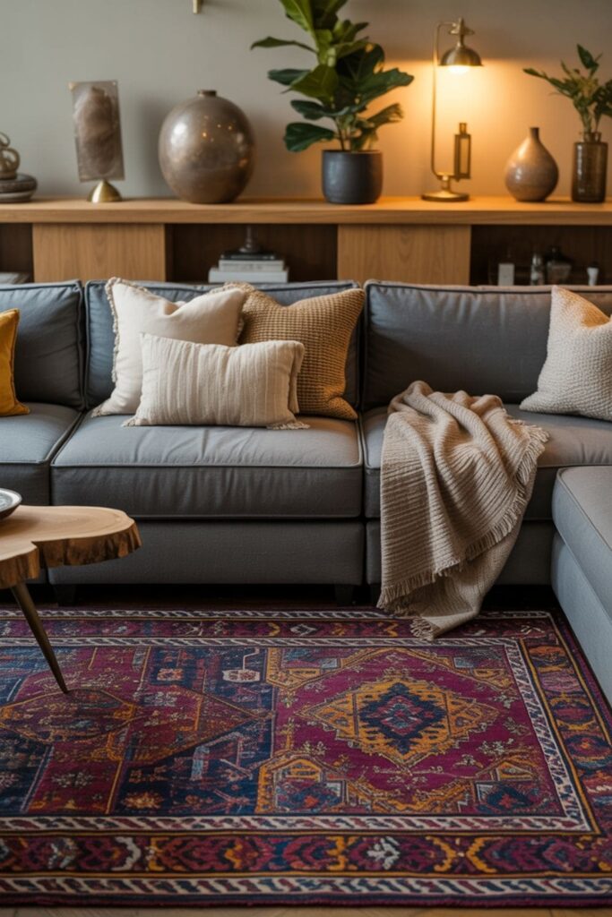 Living room with a grey couch placed on a bold patterned statement rug