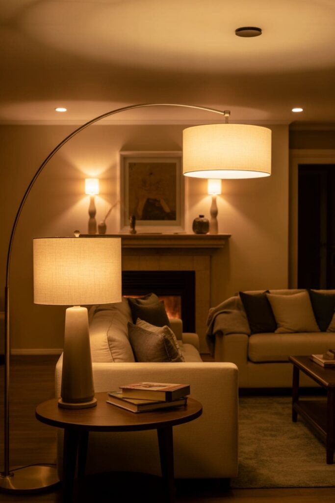 Living room with balanced lighting from lamps and ceiling lights creating a cozy mood