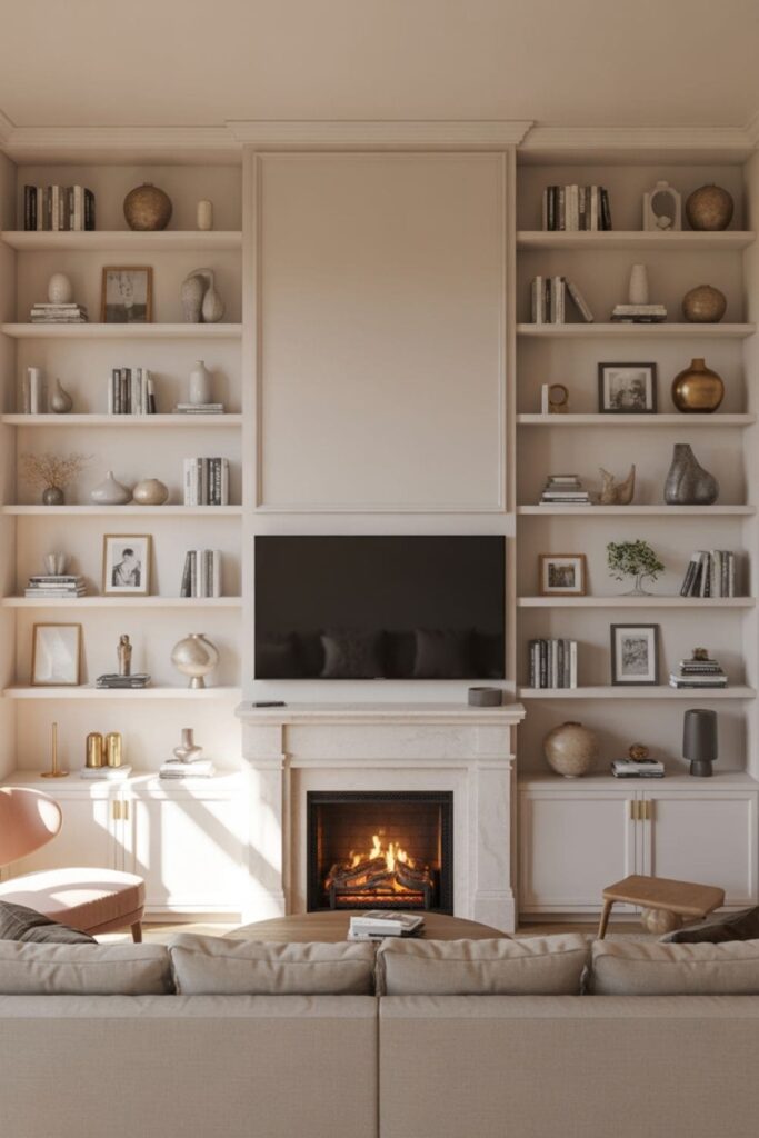 Living room with built-in shelves framing a fireplace and TV for a balanced, organized look