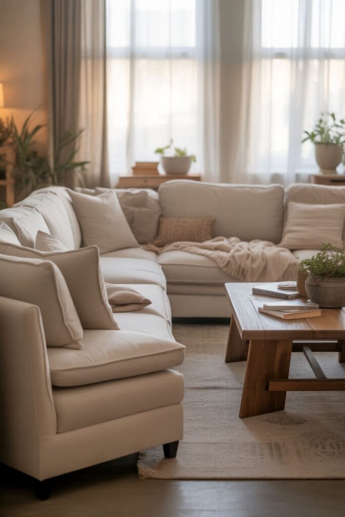 Living room with furniture rearranged away from walls in a conversational layout