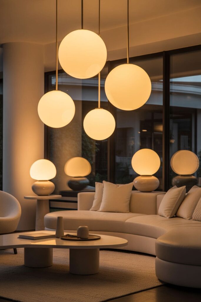 Living room with globe lights providing balanced and warm diffused lighting