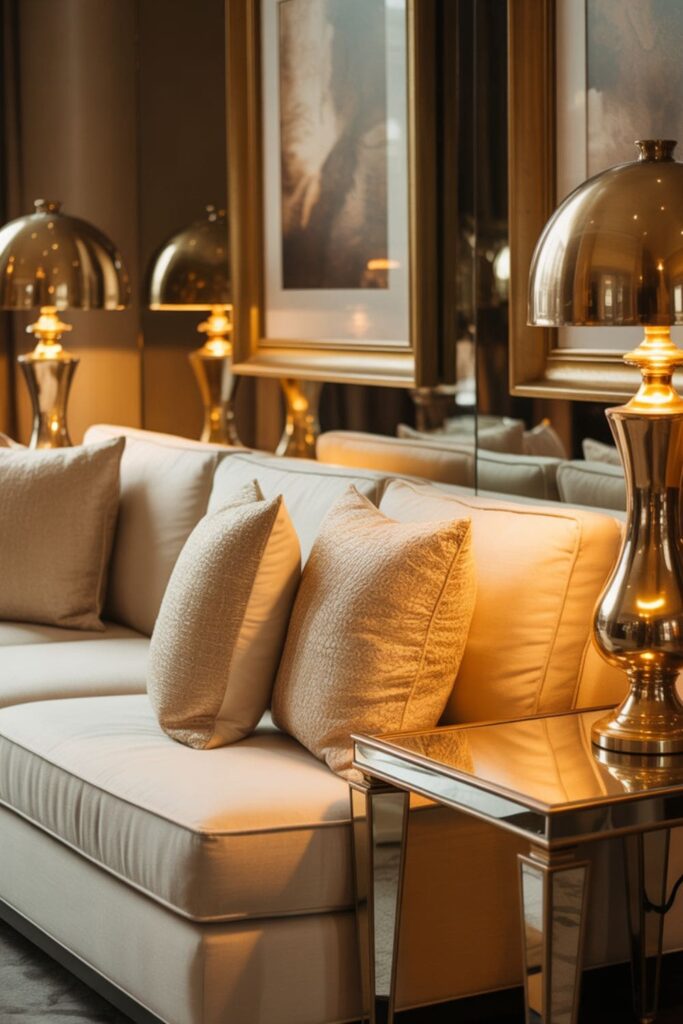 Living room with gold and brass accents on side tables, lamps, and frames, boutique hotel aesthetic