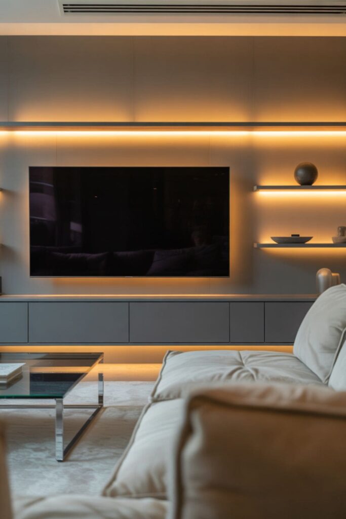 Living room with hidden LED strip lighting behind shelves and TV unit