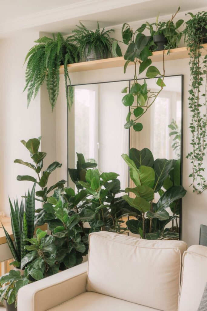 Living room with houseplants moved to new positions for visual balance
