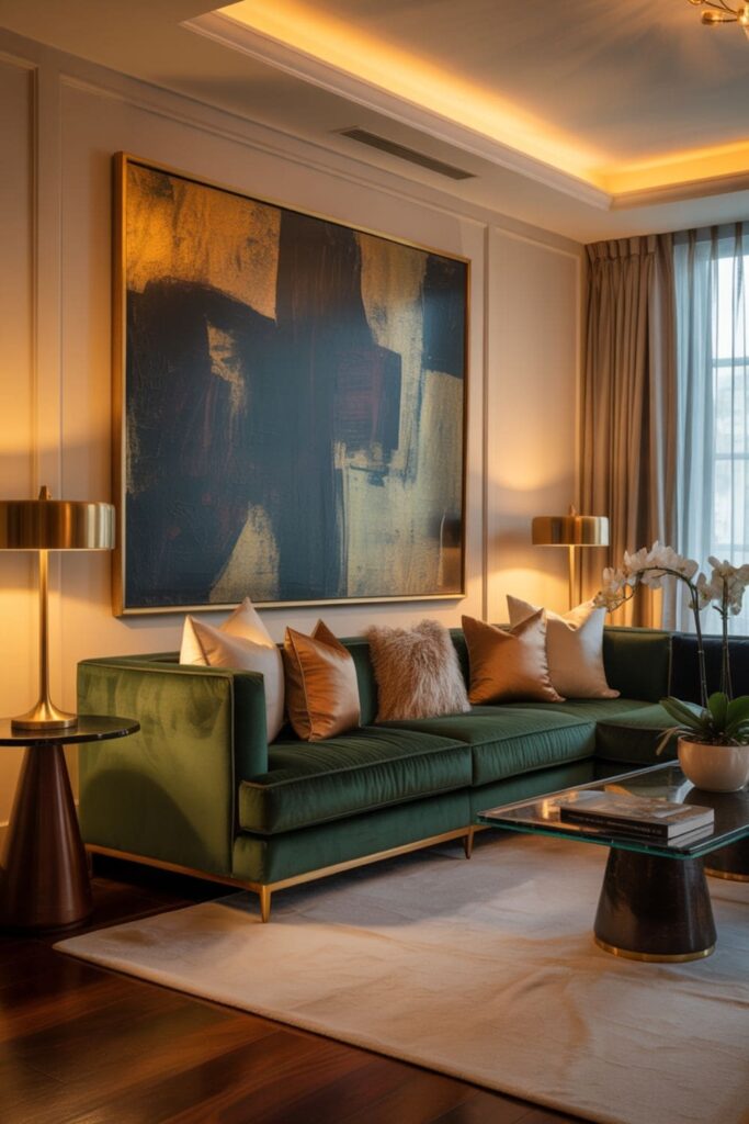 Living room with large statement artwork above sofa, boutique hotel-style cozy and elegant interior