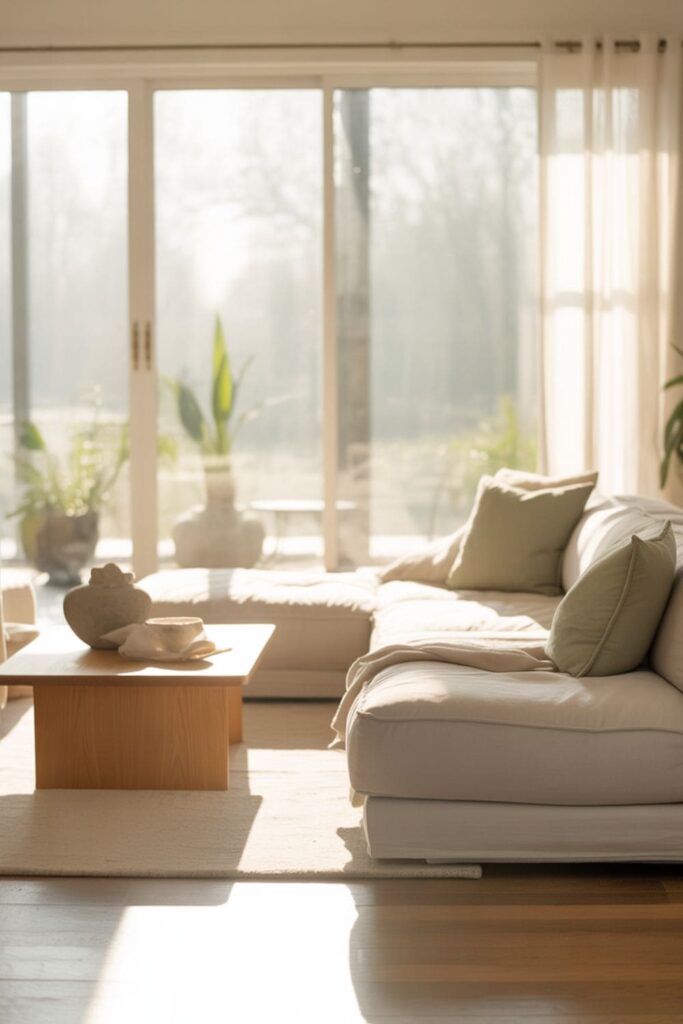Living room with large windows and a soft, neutral color palette