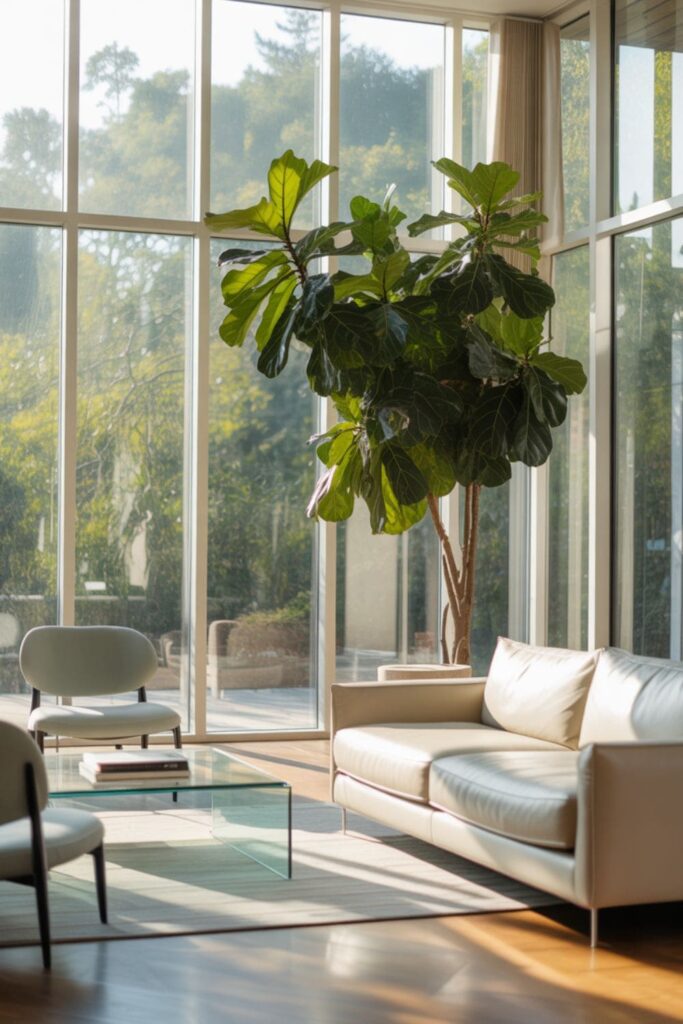 Living room with large windows and a tall indoor tree near the glass