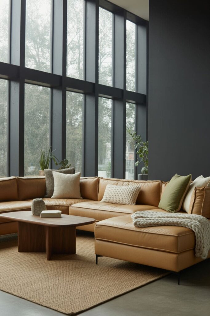 Living room with large windows and matte finishes for a calm look