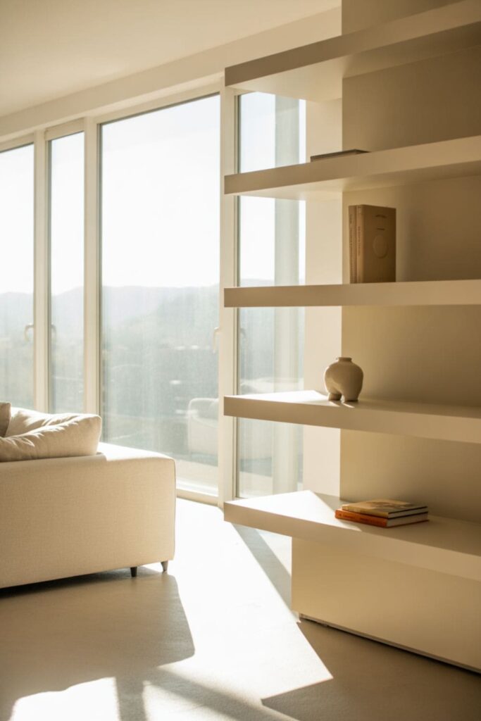 Living room with large windows and minimal floating shelves